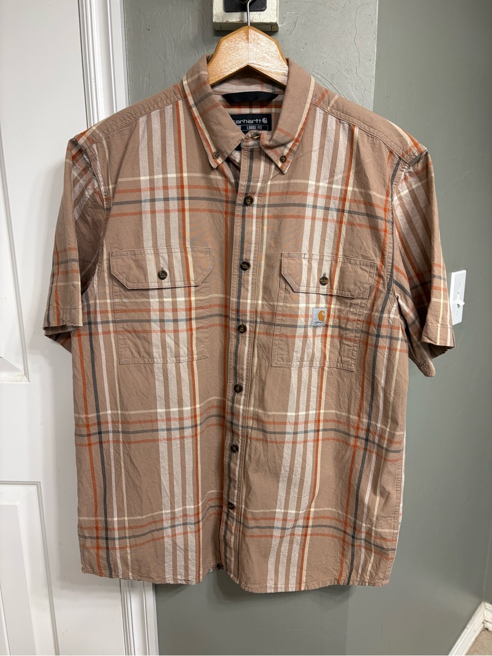 Carhartt Men's Short-Sleeve Plaid Button-Down Shirt - Tan & Orange